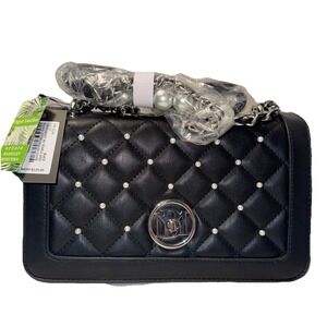 Badgley Mischka Black Diamond Quilted Crossbody Bag with Chain Strap Pearls